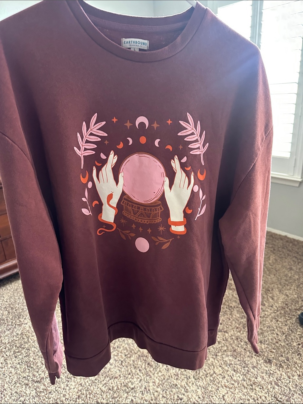 EARTHBOUND Maroon Crewneck Sweater with Pink Crystal Ball Graphic